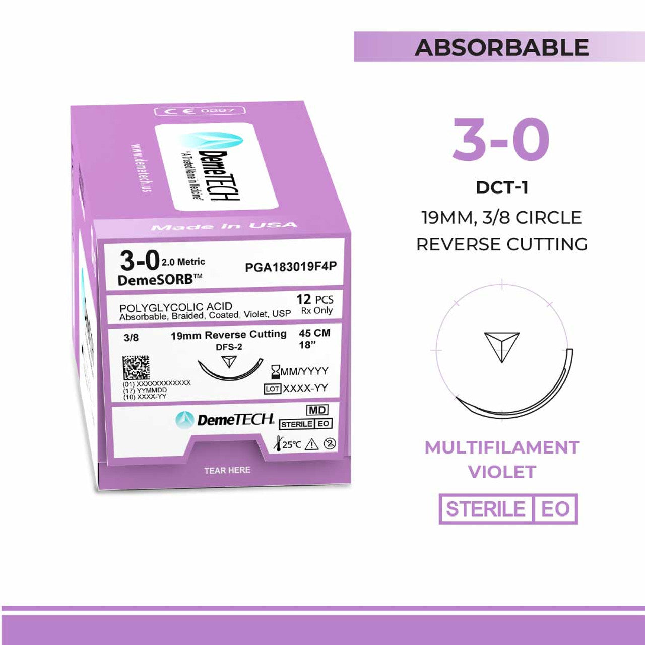 Polyglycolic Acid (PGA), 3-0, 18", DFS-2 Synthetic Absorbable Suture, Reverse Cutting, Violet 12/Box