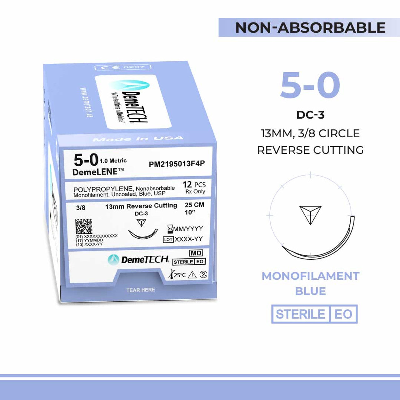 Polypropylene, 5-0, 10", DC-3 Non-Absorbable Suture, Reverse Cutting, Blue 12/Box