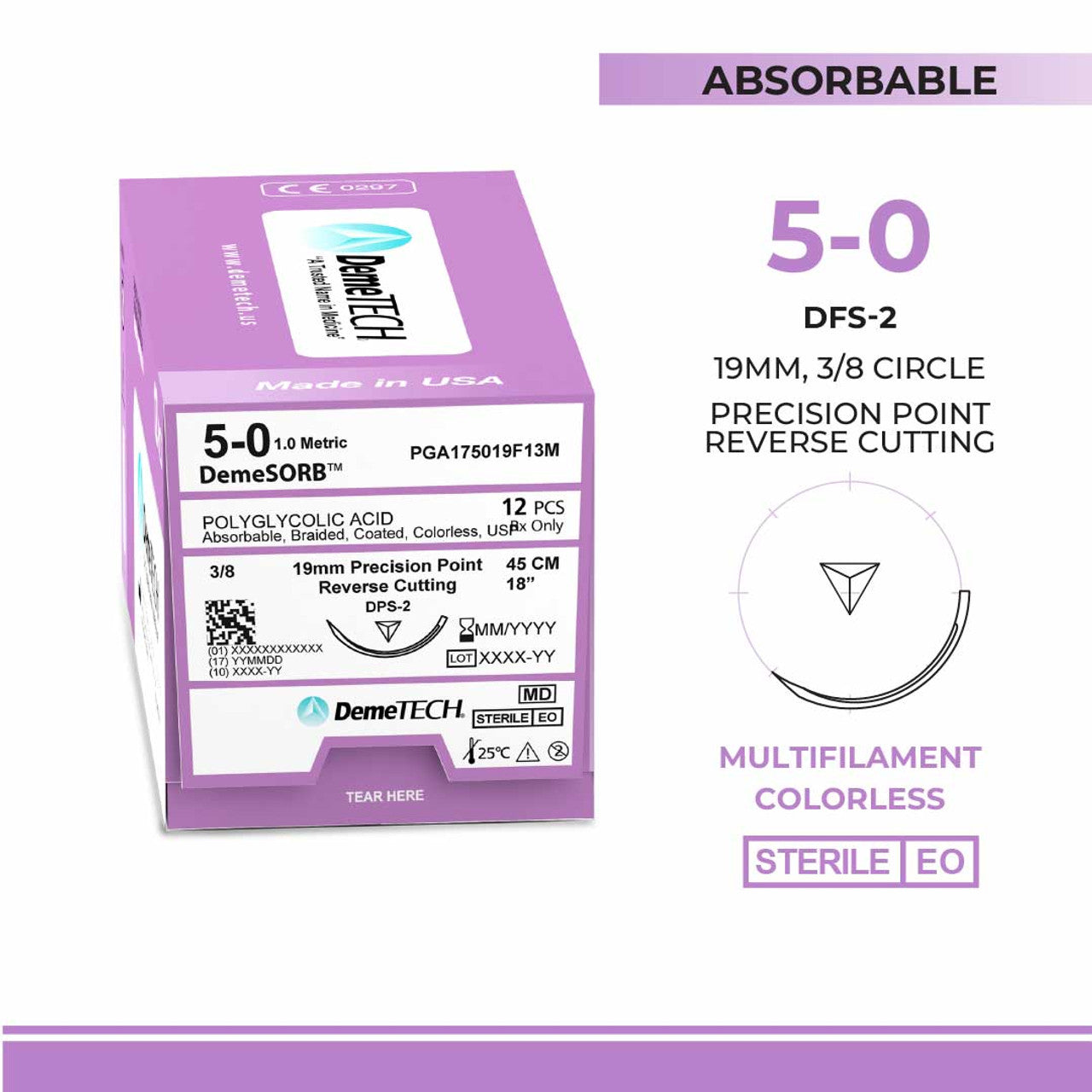 Polyglycolic Acid (PGA), 5-0, 18", DPS-2 Synthetic Absorbable Suture, Precision Point Reverse Cutting, Undyed 12/Box