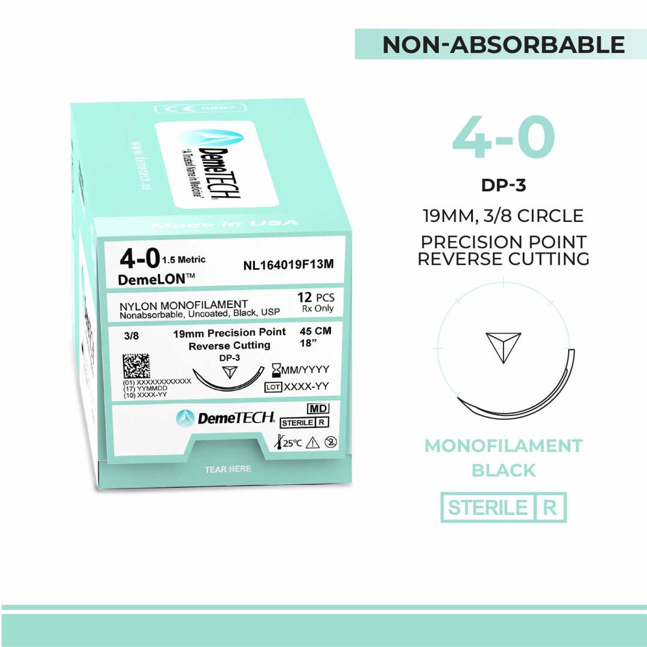 Nylon Monofilament, 4-0, 18", DPS-2 Non-Absorbable Suture, Precision Point Reverse Cutting, Black 12/Box